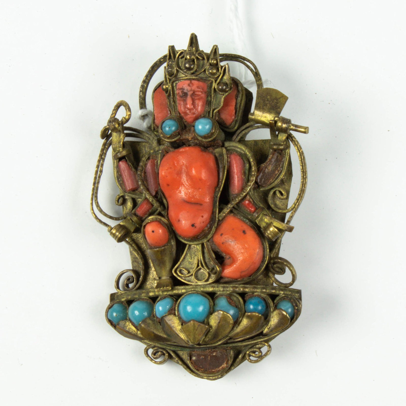 Tibetan hardstone inlaid Buddhist figure pin: Tibetan hardstone inlaid Buddhist figure pin, 2.25"l.
