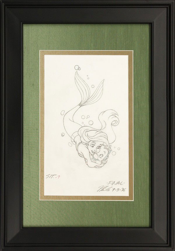 Animation Sketch, Walt Disney, Ariel: Framed animation sketch, Ariel and Flounder, 1996, from Walt Disney's production ''The Little Mermaid,'' by Philo Barkhart for Disney Merchandise, pencil signed, dated, and inscribed lower right, imag