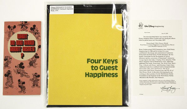 Disney Pamphlets, Four Keys to Guest Happiness, 1: (Lot of 5) Booklets and information form, ''Walt Disney's Guide to Disneyland,'' 1958, ''Four Keys to Guest Happiness,'' 1979, ''Moving into Leadership,'' 1979, ''What do you know about Disney?'', 197