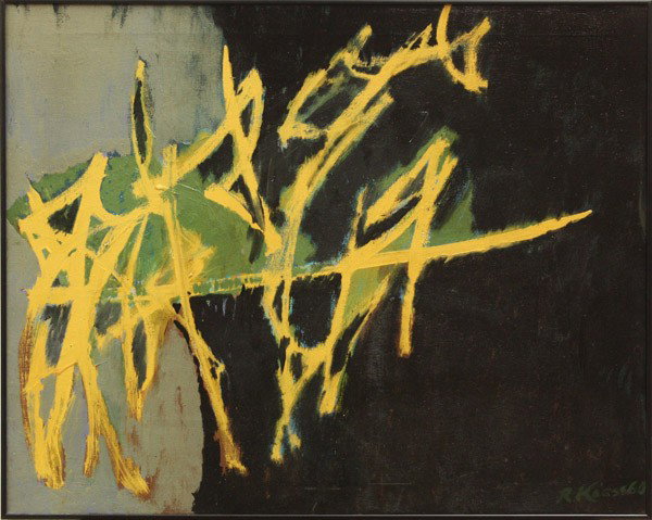 Painting, Robert Kaess, The Dark: Framed oil on canvas, ''The Dark,'' 1960, by Robert Kaess (Californian, 1923-1991), signed ''R Kaess'' lower right, title label affixed verso, canvas: 24''h x 30''w, overall: 24.25''h x 30.25''w