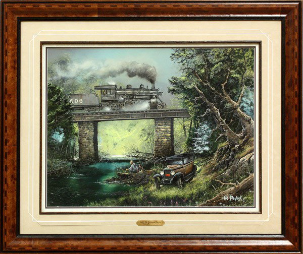 Painting, Ted Blaylock, Rails on Dogwood Creek: Framed acrylic on board, ''Rails on Dogwood Creek,'' by Ted Blaylock (American, b.1946), signed ''Ted Blaylock'' lower right sight: 19.25''h x 25.75''w, overall: 31.25''h x 37''w
