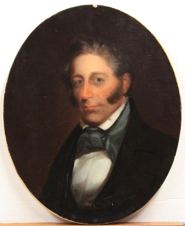 Painting, attributed to Thomas Sully: Unframed oil on canvas, Portrait of a Gentleman, attributed to Thomas Sully (American, 1783-1872), unsigned, labels affixed verso, overall (oval): 27''h x 22''w