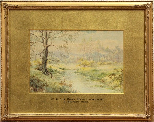 Watercolor, Joseph Halford Ross: Framed watercolor, ''Bit of the Black Brook, Longcliffe,'' by Joseph Halford Ross (British, b. 1866), signed ''J. Halford Ross'' lower left, titled on mat (lower front/center), sight: 7.5''h x 10.75''