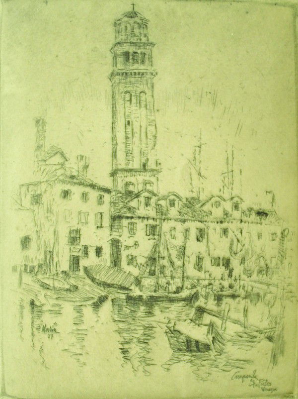 Etching, John Marin, Venice: Framed etching, ''Campanile, Sta Pietra, Venezia,'' 1907, by John Marin (American, 1870-1953), signed in pencil ''John Marin'' lower right, signed and dated on plate ''Marin '07'' lower left, titled o
