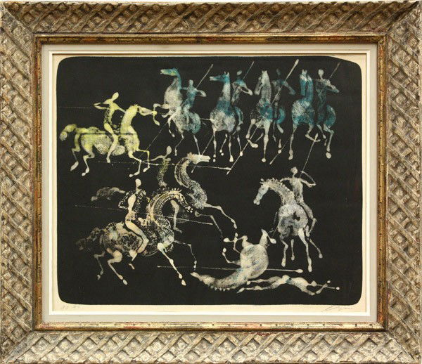 Lithograph, Hans Erni, Warriors: Framed color lithograph, ''Warriors on Horseback with Spears,'' by Hans Erni (Swiss, b. 1909), ed. 90/95, pencil signed ''Erni'' lower right, sight: 18.75''h x 22.875''w, overall: 27''h x 31''w. Prove