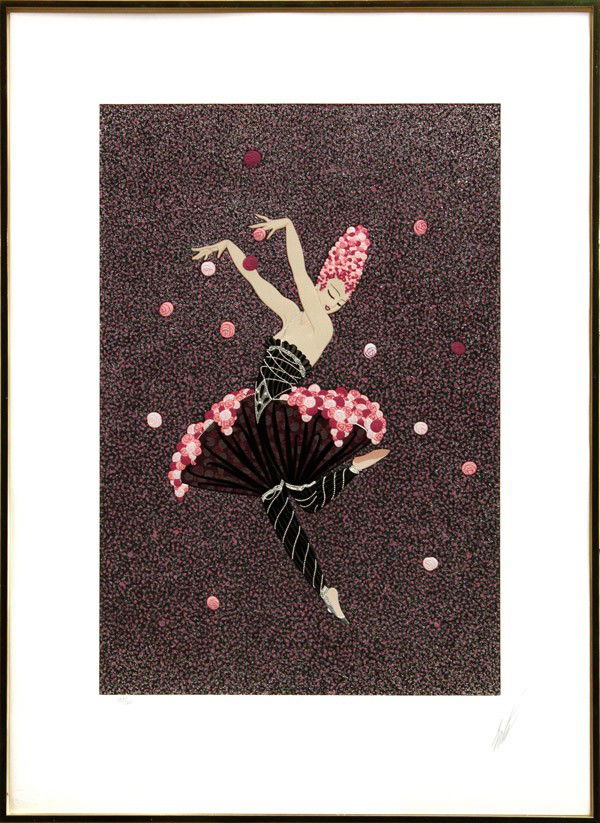 Serigraph, Erte, Rose Dancer: Framed embossed serigraph with foil stamping on blindstamped paper, ''Rose Dancer'', by Romain de Tirtoff Erte (French, 1892-1990), pencil signed ''Erte'' lower right, pencil numbered edition of 300 l