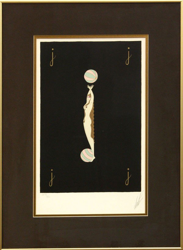 Lithograph, Erte, Letter J: Framed lithograph, ''J,'' by Romain de Tirtoff Erte (French, 1892-1990), pencil signed ''Erte'' lower right, pencil numbered edition of 350 lower left, image: 15.75''h x 10.5''w, overall: 26''h x 19''