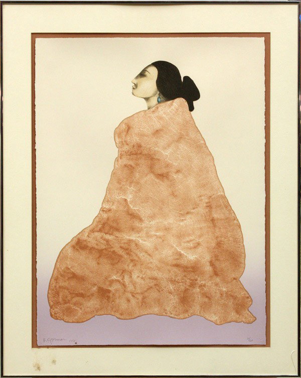 Lithograph, R.C. Gorman, Seated Woman: Framed color lithograph, Seated Woman, by R.C. Gorman (American, b. 1932-2005), pencil signed ''R.C. Gorman, 1978'' lower left, edition 21/120, paper: 30''h x 22.5''w overall: 37''h x 29.5''w