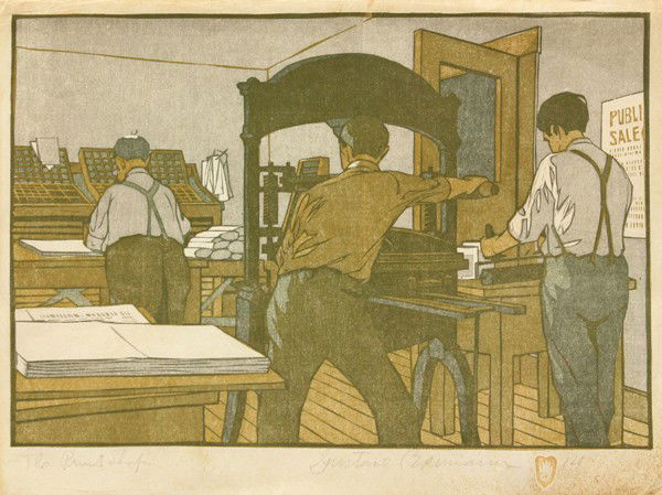 Woodcut, Gustave Baumann, The Print Shop: Unframed color woodcut, ''The Print Shop,'' by Gustave Baumann (German/Californian, 1881-1971), signed in pencil ''Gustave Baumann'' lower right, bears artist's stamp lower right, titled in pencil low