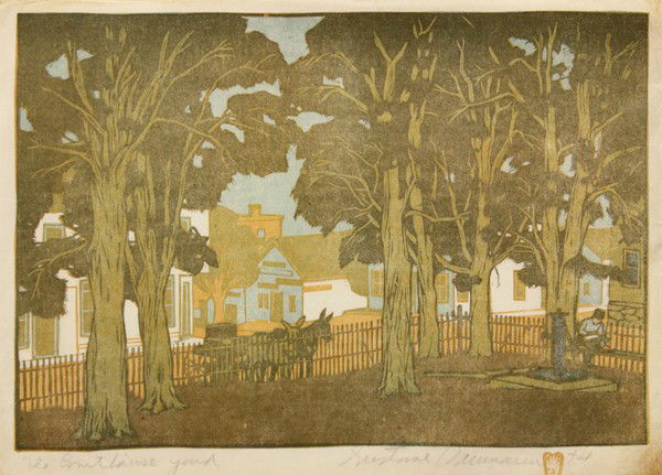 Woodcut, Gustave Baumann, The Courthouse Yard: Unframed color woodcut, ''The Courthouse Yard,'' by Gustave Baumann (German/Californian, 1881-1971), signed in pencil ''Gustave Baumann'' lower right, bears artist's stamp lower right, titled in penci