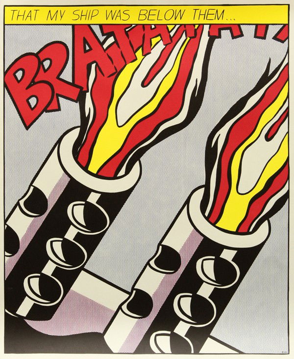 Prints, Roy Lichtenstein, As I Opened Fire: (Set of 3) Unframed color offset lithograph triptych, ''As I Opened Fire,'' 1966, by Roy Lichtenstein (American, 1923-1997), unsigned, published by Stedlijk Museum, each sheet overall: 25.25''h x 20.7