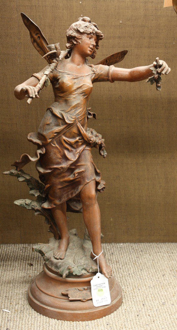 Sculpture, after Louis Moreau: Metal sculpture, ''Nymphe en Bois'', after Louis Moreau (French, 1855-1919), bears signature lower left base, titled lower front base, overall: 25''h x 11.5''w x 9.5''d