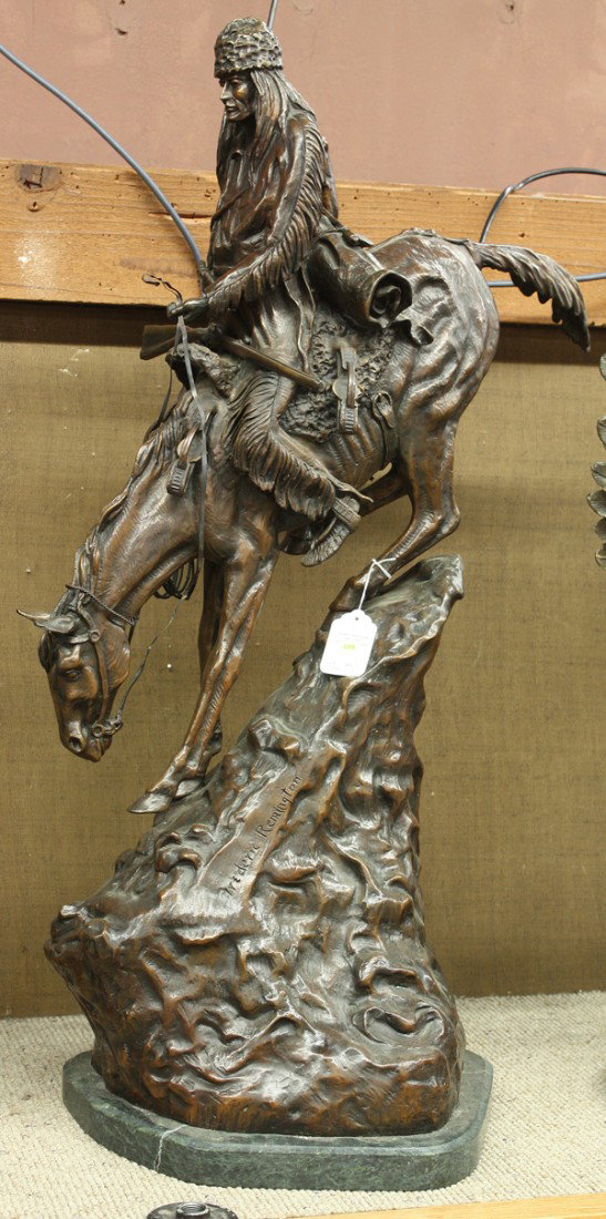 Bronze, after Frederic Remington, Mountain Man: Bronze sculpture, ''Mountain Main,'' after Frederic Remington (American, 1861-1909), bears signature lower base, overall: 39.75''h x 26''w x 14''d