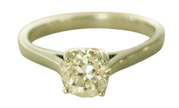 Solitaire diamond white gold ring: Solitaire diamond ring; in 14k white gold, having a round brilliant cut diamond weighing 1.05 cts (GIA #21502141656 stating: K color, VS2 clarity). Total ring weight 2.8 grams. Ring size 6.75