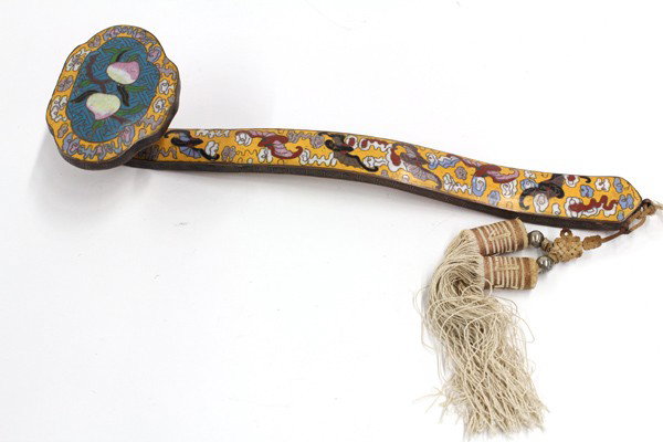 Chinese Cloisonne Enameled Ruyi Scepter: Chinese cloisonne enameled ruyi scepter, the shaped shaft brightly enameled with a yellow ground scattered with stylized bats along with variously colored cloud scrolls, the lobed ruyi head featuring 