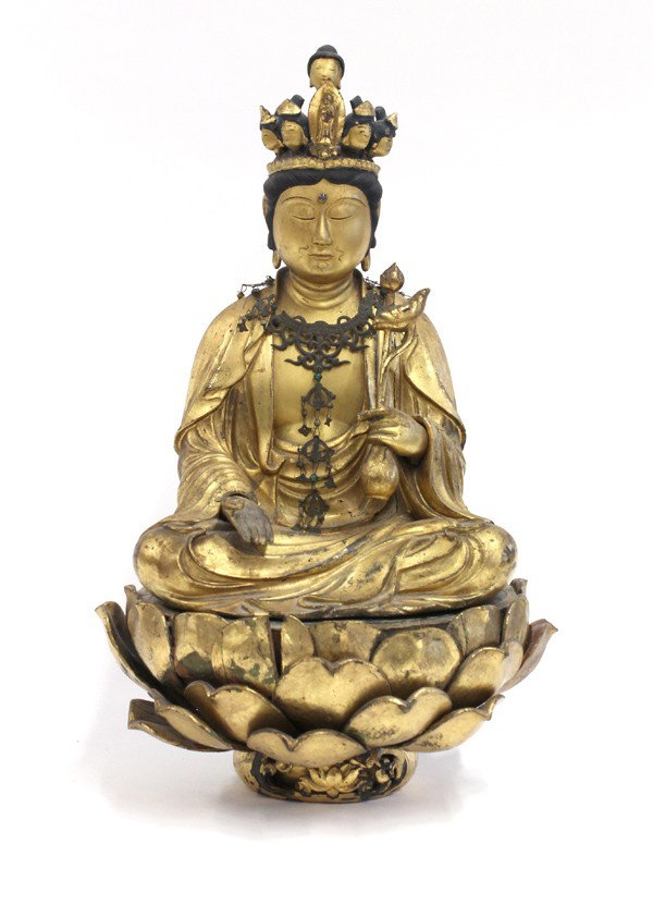 Japanese Gilt Wood Kannon, Edo Period: Japanese gilt wood figure of Kannon, Edo period, 19th century, wearing a reticulated metal necklace with small beads (losses) and seated in a pose of meditation on a separately carved lotus base, the 