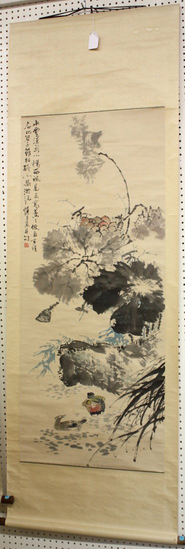 Chinese Scroll, Wang Shensheng (after), Ducks: Chinese hanging scroll, ink and color on paper, Mandarin Ducks and Lotus Pond, after Wang Shensheng (1896-1972), the upper left with a poetic colophon, bearing the signature 'Shensheng' and one seal, 