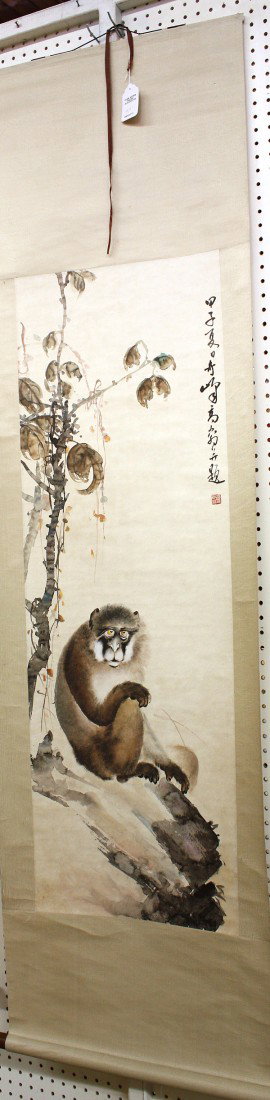 Chinese Scroll, Gao Qifeng (after), Monkey: Chinese hanging scroll, ink and color on paper, Monkey, after Gao Qifeng (1889-1933), the upper right with cyclical date 'jiazi' summer, bearing the signature 'Qifeng' with one seal, sight: 47''h x 15