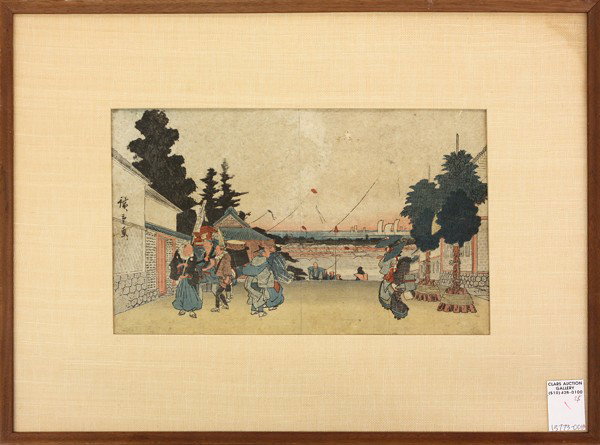 Japanese Landscape Prints, Hiroshige: (Lot of 2) Framed Japanese color woodblock prints, each signed 'Hiroshige-ga' (Utagawa Hiroshige, 1797-1858), the first from a Tokaido series, depicting Ishibe, the second a street scene in Edo, (fade