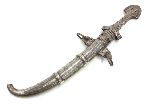 Turkish dagger and scabbard: Turkish curved dagger and scabbard mounted with brass and silvered metal