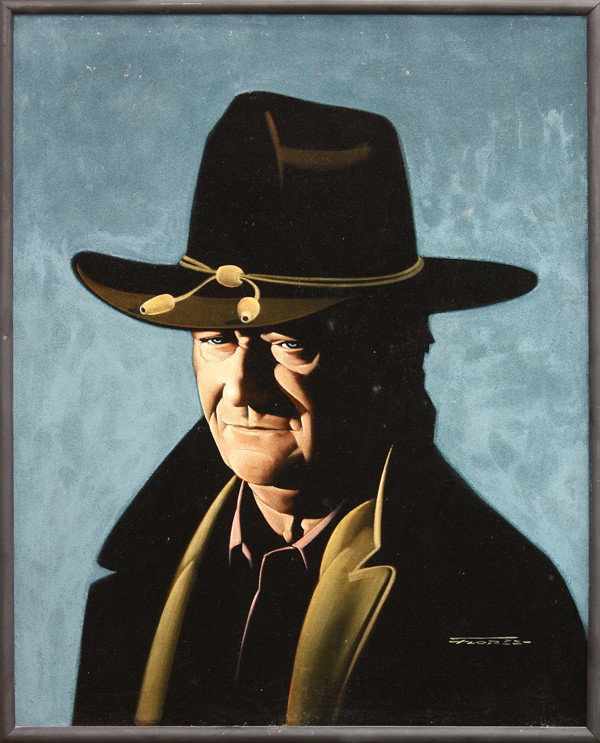 John wayne portrait: Framed velvet portrait painting of John Wayne, signed Flores lower right, 31''h x 25''w