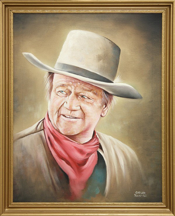 Carlos Bustillo, John Wayne portrait: Framed oil on canvas, portrait of an older John Wayne, signed Carlos Bustillo, 31''h x 25''w