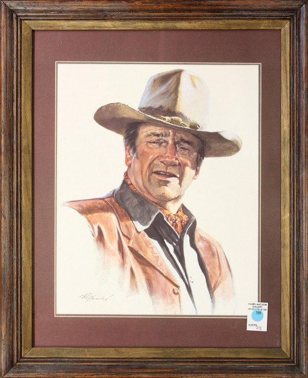 R. Hampton John Wayne lithograph: Framed lithograph, portriait of John Wayne, signed in plate lower left R. Hampton, 23''h x 19''w
