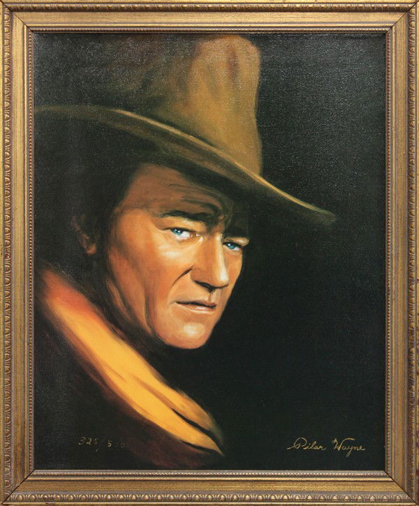 John wayne portrait: Framed giclee on canvas, Portrait of ''The Legend'', signed Pilar Wayne (third wife of John Wayne) lower right, 22.5''h x 18.75''l