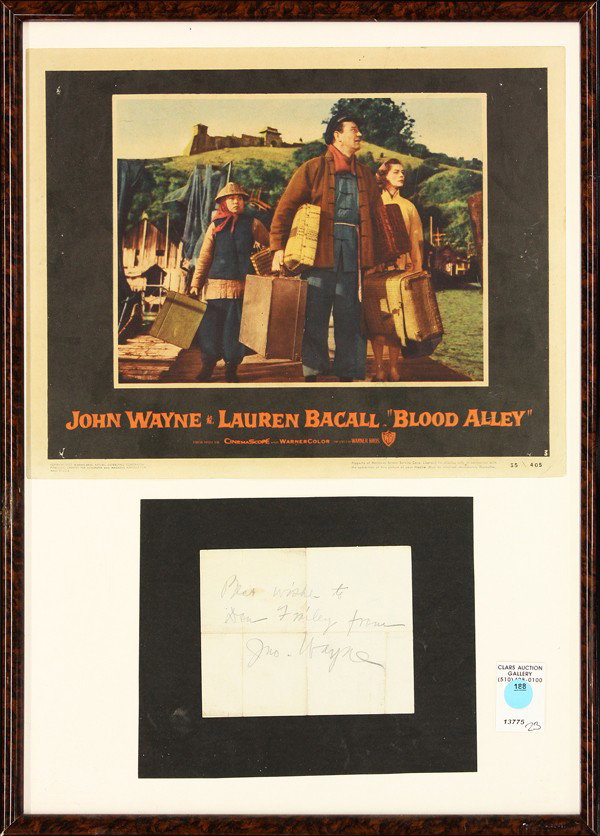 John Wayne ephemera: Framed John Wayne memorabilia including a theatre lobby card ''Blood Alley'' and an autograph, 21.5''h x 15.5'w