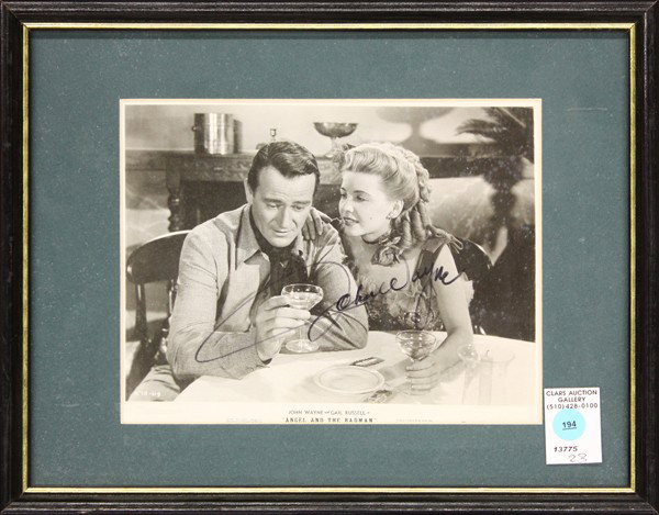 John Wayne lobby card: Framed autograph John Wayne theatre lobby card ''Angel and the Badman'' 12''h x 12''w