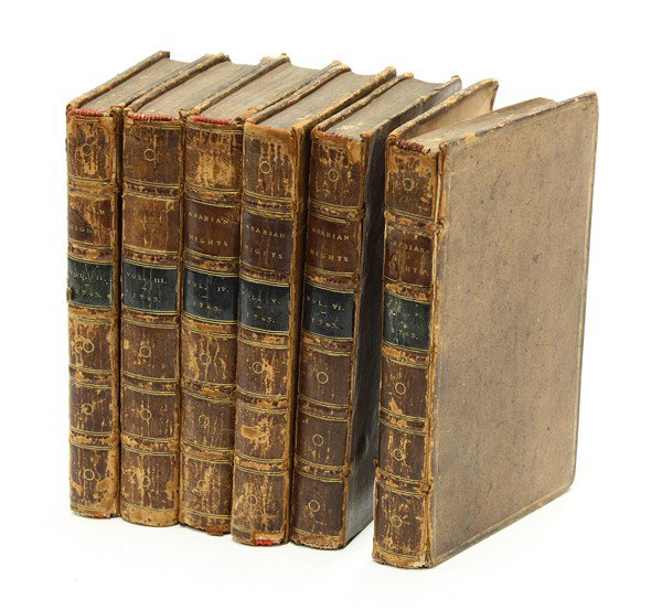 Book, Arabian Nights Entertainment 1763: Book, Six Volumes Arabian Nights Entertainment, London 1763, taken from M. Gallands original translation of the Arabian MSS. 12mo, full speckled calf
