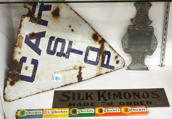 Signage group: (lot of 4) Associated group of signs including a triangular enamel ''Car Stop'' sign, ''Lachman Bros'' advertising sign, ''Chicklets'' gum sign, and ''Silk Kimonos Made To Order'' sign, largest, 20''h