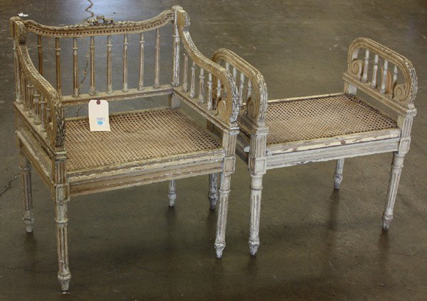 Neoclassical style fauteuil: (Lot of 2) Neoclassical style fauteuil and window bench, each retaining remnants of the original surface, and both rertaining a cane seat foundation and rising on fluted legs, fauteuil 30''h x 23''w x