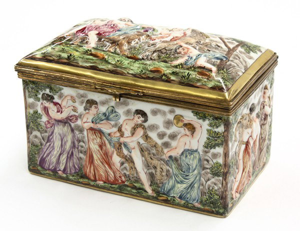 Capodimonte covered box: Capodimonte covered box, the polychrome decorated body depicting a classical genre scene of musicians and merriment, marked with crown over N (Naples), 4.5''h x 7''w x 4''d (restoration to top)