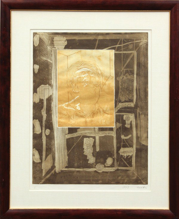 Print, Tony Curtis, Box: Framed mixed media monoprint on paper, Box, 1970, by Tony Curtis, pencil signed ''Curtis,'' dated, and inscribed ''1'' within lower margin, overall: 35''h x 27.5''w. Provenance: The Butler Institute o