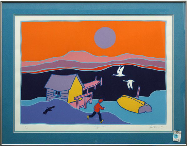 Screenprints, Ted Harrison, Zbiegniew Kupczynski: (Lot of 2) Framed screenprints, ''Tagish Swans,'' 1990, by Ted Harrison (American, b. 1926), pencil signed lower right, numbered edition of 185 lower left, and ''Violin Player,'' by Zbiegniew Kupczyns