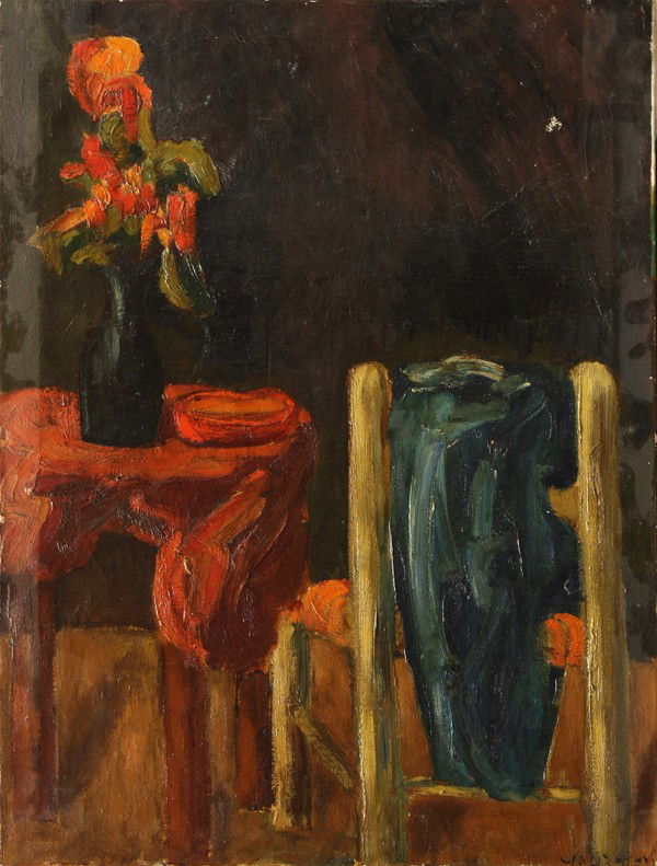 Oil on Canvas, Still Life with Table and Chair: Unframed stretched oil on canvas, Still life with Table and Chair, signed indistinctly lower right, overall: 31.75''h x 24''w