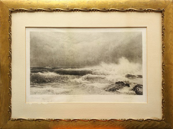 Print, William Trost Richards: Framed etching, ''Crashing Wave,'' 1891, by William Trost Richards (American, 1833-1905), signed in pencil ''William T. Richards'' lower left, plate signed and dated lower left, overall: 30.75''h x 40