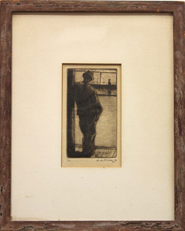 Etching, Herbert Ferber Silvers, Man in Hat: Framed etching, Man in Suit and Hat Standing, by Herbert Ferber Silvers (American, b. 1906), pencil signed lower right and dated '31, numbered LL ed. 50, image: 5.875'' h., 3.25'' w. Provenance: Ameri