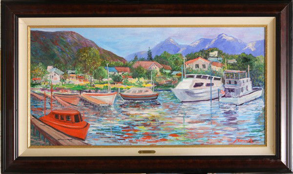 Painting, Manor Shadian, Sitka Alaska Harbor: Framed oil on canvas, Sitka Alaska Harbor, by Manor Shadian (Californian/ Iranian, b. 1931), overall: 24''h x 48''w