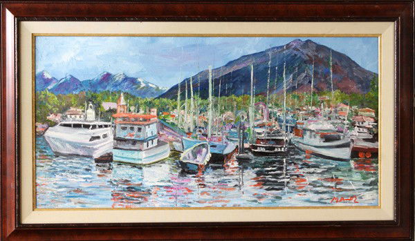 Painting, Manor Shadian, Boats in Sitka Harbor: Framed oil on canvas, ''Boats in Sitka Harbor, Alaska'', by Manor Shadian (Californian/ Iranian), overall: 24''h x 48''w