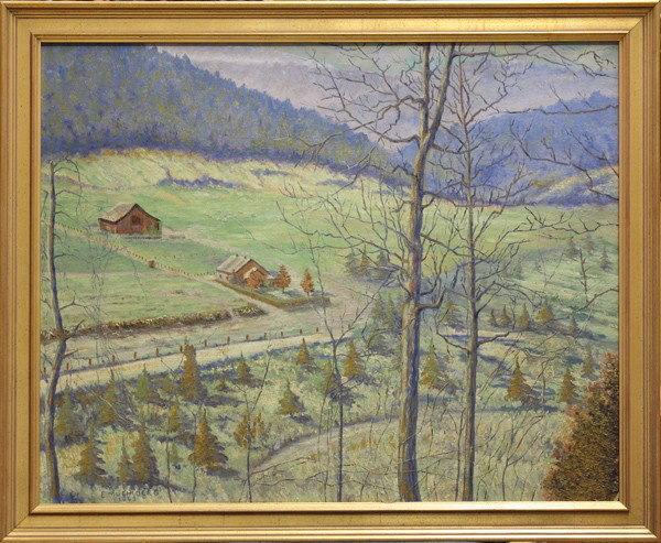 Paintings, James Russell Ford, Autumn Path: (Lot of 2) Framed oils/canvas, Autumn Path, by James Russell Ford (Californian, 1888-1963) signed ''J.R. Ford'' lower right and Foggy Morning in Marin, signed ''E. Muehlberg'' lower left, 1943