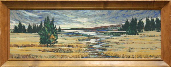 Painting, Northern Arizona: Framed oil on board, ''Cypresses Along a Stream,'' signed ''Bunnell'' lower right, overall: 13''h x 32.5''w