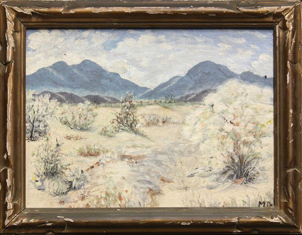 Painting, Manner of Maynard Dixon, Cloudy Skys: Framed oil on board, Cloudy Skies over Desert, in the manner of Maynard Dixon (Californian, 1875-1946), initialed ''M.D.'' lower right, overall: 11''h x 14''w