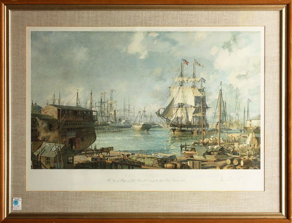 Set of 4 prints, San Francisco: (Lot of 4) Framed color lithograph, ''San Francisco, the Vicar of Bray in Yerba Cove During the Gold Rush, November, 1849'', by John Stobart, signed in pencil lower right, framed color lithograph, ''T