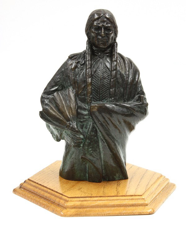 Bronze, Joseph M. Lorkowski Boulton: Bronze sculpture, Bust of an Indian Chief, Joseph M. Lorkowski Boulton (American, 1896-1981), signed ''Boulton'' lower back, wood base, sculpture dimensions: 9.75''h x 6.5''w x 3.5''d, overall (with b