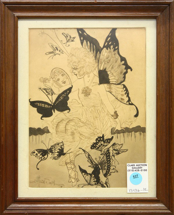 Ink wash, Hazel Smith, 1918: Framed ink wash drawing, Fairy Gazing in the Mirror, 1918, signed and dated ''Hazel Smith '18'' lower left, possibly Hazel Parker Smith (Californian, b.1894), overall: 13''h x 10.5''w