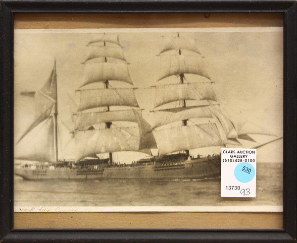 Early Maritime Photograph: Framed photograph, Ship Under Sail, circa 1900, inscribed ''Bark Geo Curtis'' lower left, overall: 9''h x 10.75''w
