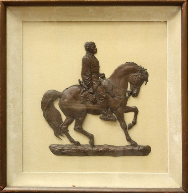 Wall relief, Civil War Officer on Horse: Framed bronze relief (in shadow box), Civil War Officer on Horseback, possibly John Quincy Adams Ward (American, 1830-1910), signed ''J. Q. A. Ward'', F. C. Darley foundry stamp, 11''h x 11''w, frame: