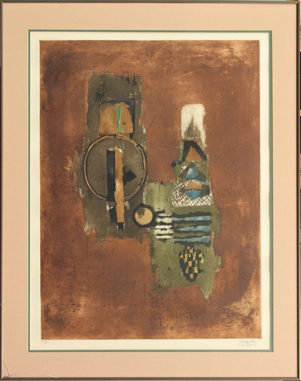 Etching, Johnny Friedlander, Composition: Framed color etching with aquatint, Composition, by Johnny Friedlaender (French, 1912-1992), pencil signed ''Friedlaender'' lower right, numbered edition of 95 at lower left, overall: 38''h x 31''w